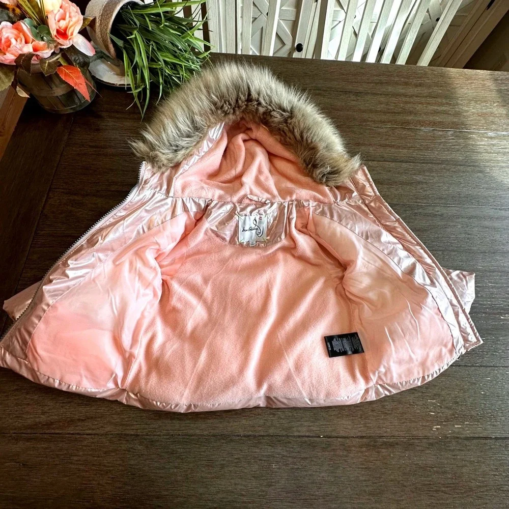 Sam Edelman Girls Pink Metallic Puffer Jacket Faux Fur Hood Size‎ 2T